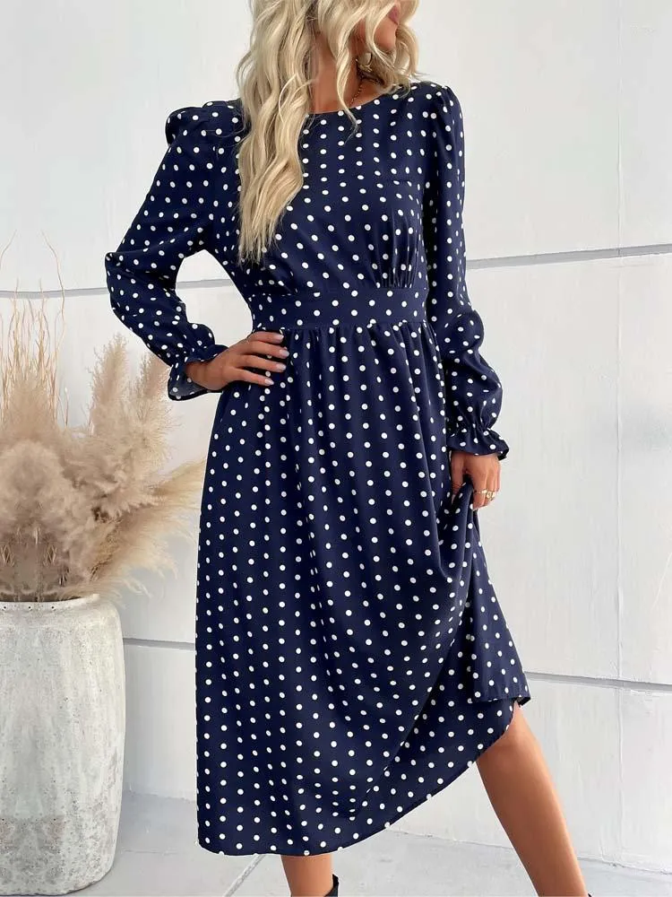 Casual jurken herfst winter polka dot jurk vrouwen elegante lange feesten dames blauwe mouw midi 2023