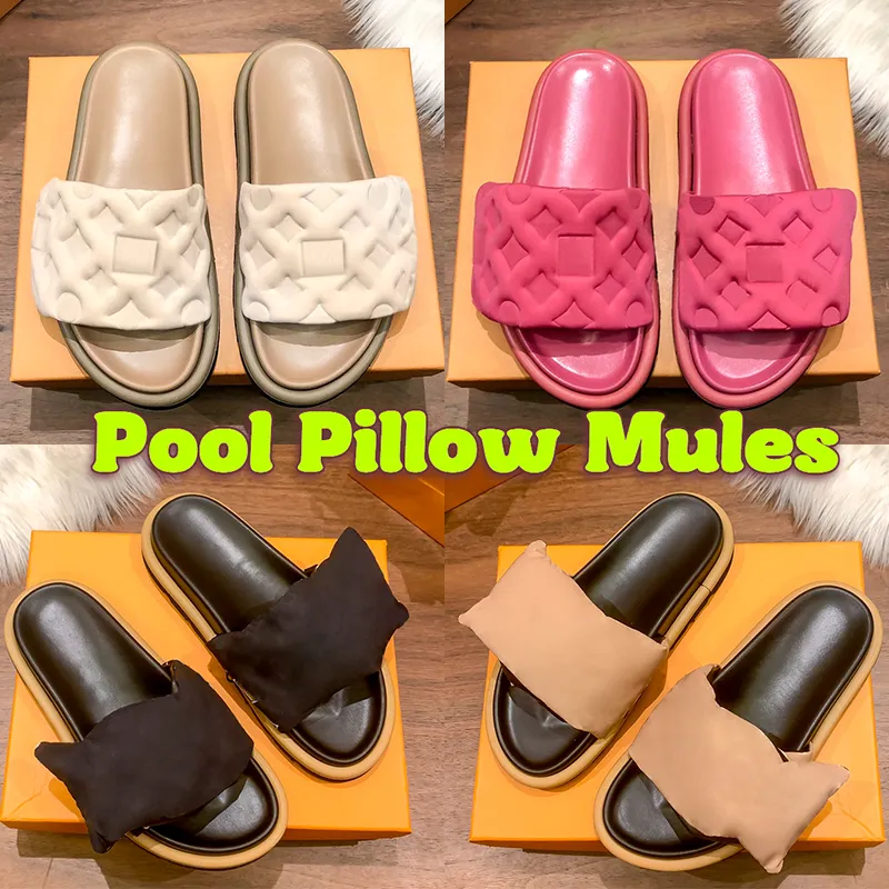 2023 Women slippers designer Pool Pillow slides Mules flat sandals womens shoes Embossed Mule Sliders Mens platform Slide summer slipper nylon cool beach Sandal