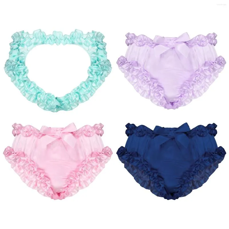 Underbyxor sissy gay trosor mans underkläder mjuk satin underkläder frilly trim öppna bupanties bowknot elastic midjeband