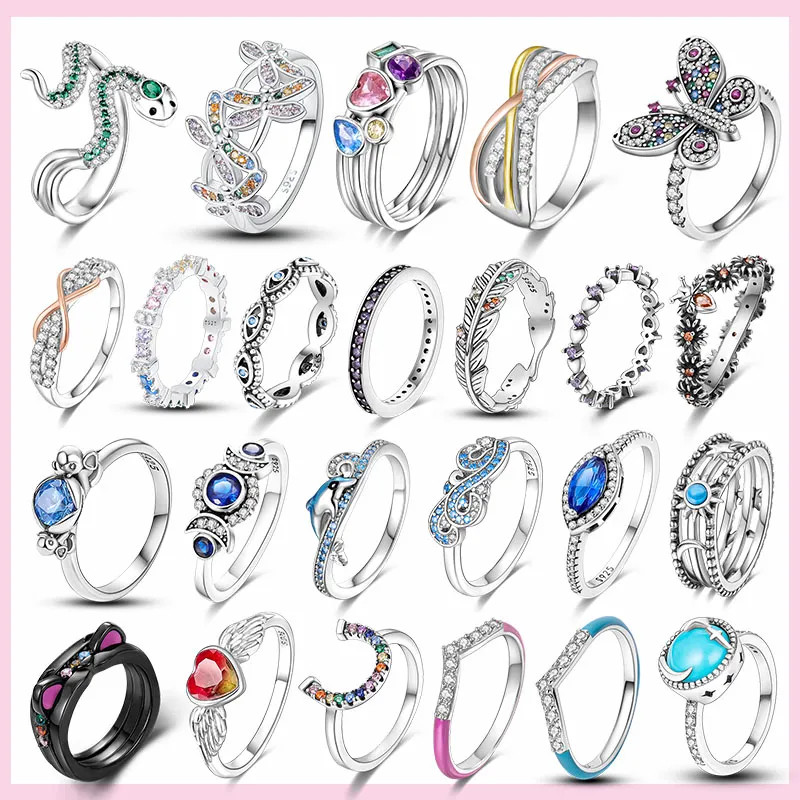 925 سيلفر نساء FIT Pandora Ring الأصلي حلقات أزياء التاج القلب الزركون الهندسي القابل للتكديس حلقة الأفعى مجوهرات Bague