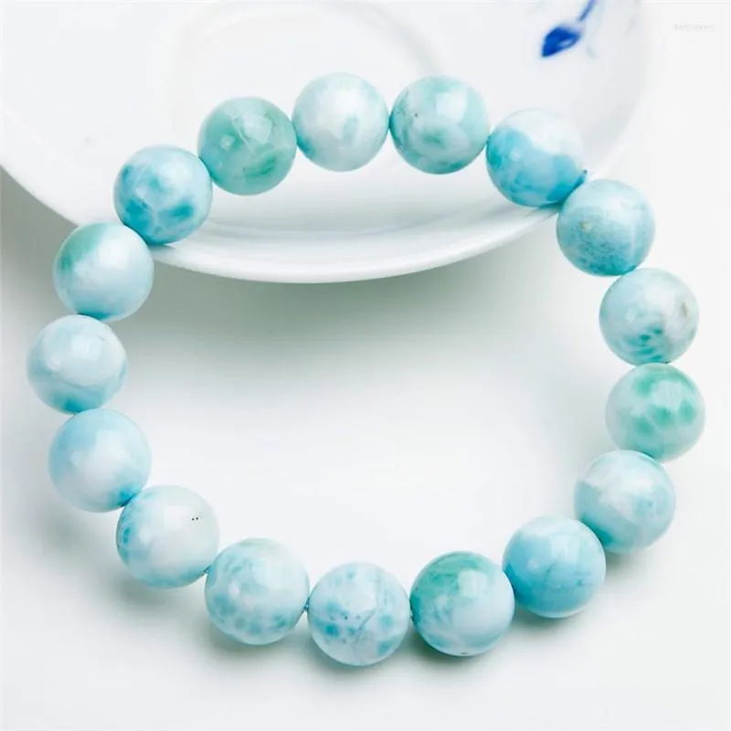 Bracelet Larimar naturel véritable bleu blanc pour hommes et femmes, perles rondes extensibles, bijoux 12mm