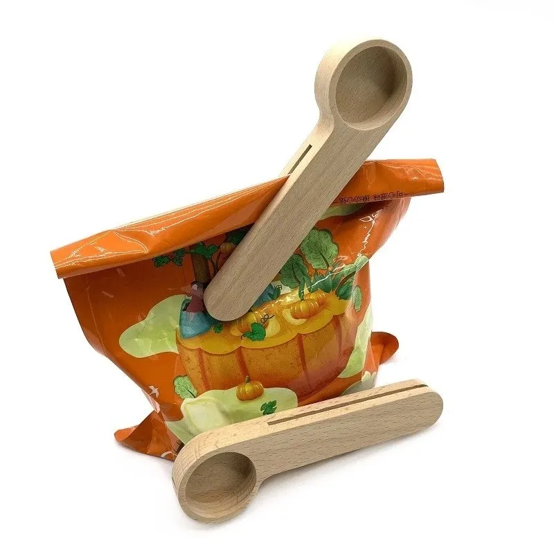 Bag with Tablespoon Solid Beech Wood Measuring Scoop Tea Coffee Bean Spoon Clip Gift Wholesale