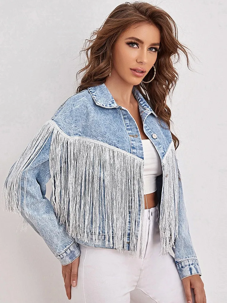 Damesjassen Ailegogo Spring Women Losse Tassel Washed Blue Denim Jacket Streetwear Vrouw Retro Short Coat Dames Out meter 230302