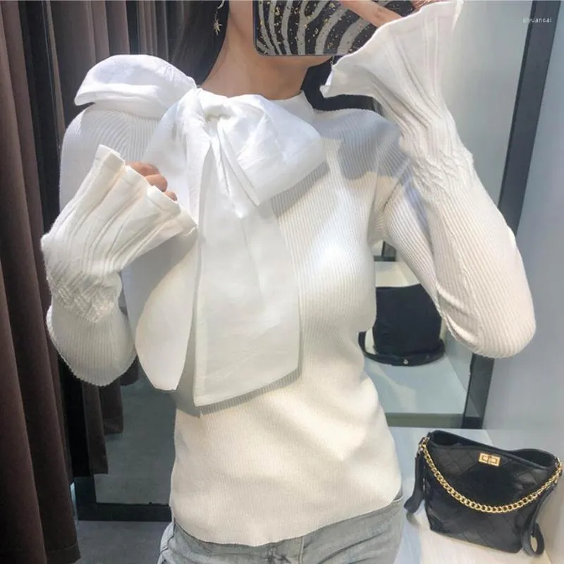 Women's Sweaters Pullover Sweater Women Spring Autumn Flare Sleeve Small Fragrance Bow Knitted Bottoming