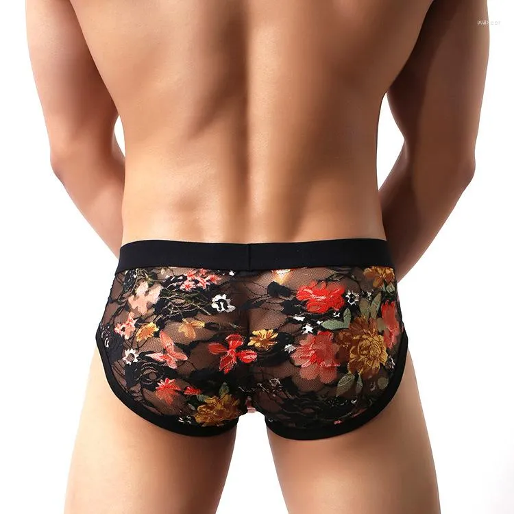 Cuecas cuecas masculinas Sexy Locatória Lace Lace Veja através de Padrão Floral Respirável Male Male Intimates