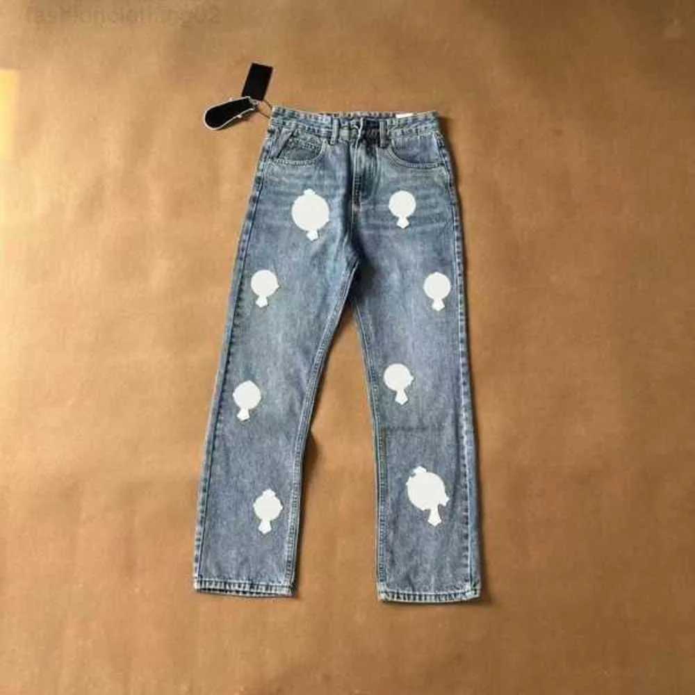 Jeans masculino 2023 Designer Make Old Washed Cromado Calça reta Estampa de letras de coração Longo