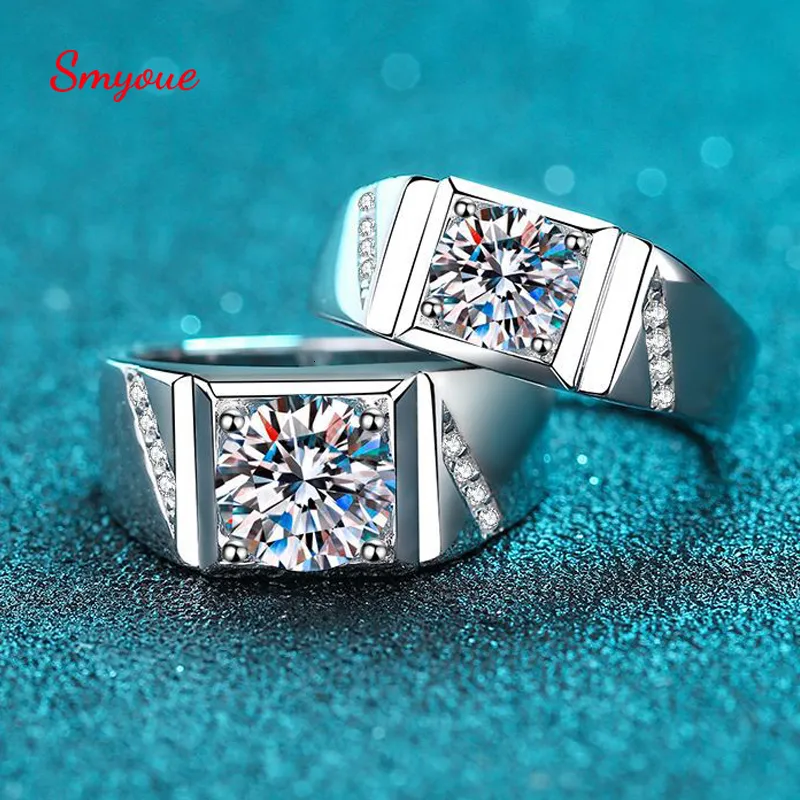 Обручальные кольца Smyoue 12ct Real Moissanite для мужчин S925 Серебряный серебряный круглый круглый блестящий мужчина симулированный бриллианты подарки 230303