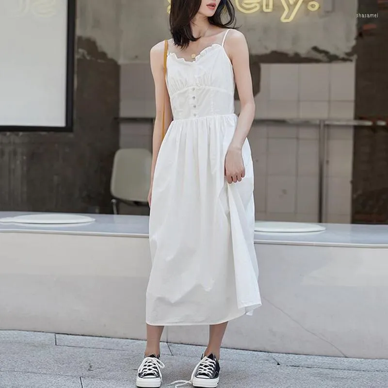 Casual Dresses Cotton Sleeveless V-neck Women Dress 2023 Maxi Summer Spaghetti Strap A-line Sundress White Ruffle Vestidos