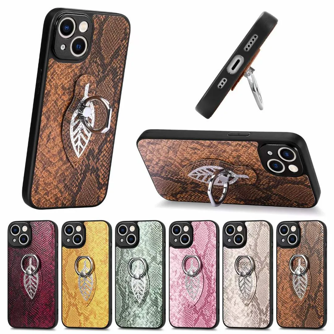 Metal Ring Holder Stand Snake Pattern Phone Case For iPhone 14 Plus 13 12 11 Pro Max Luxury Car Magnetic PU Leather Cover Anti Drop Shockproof