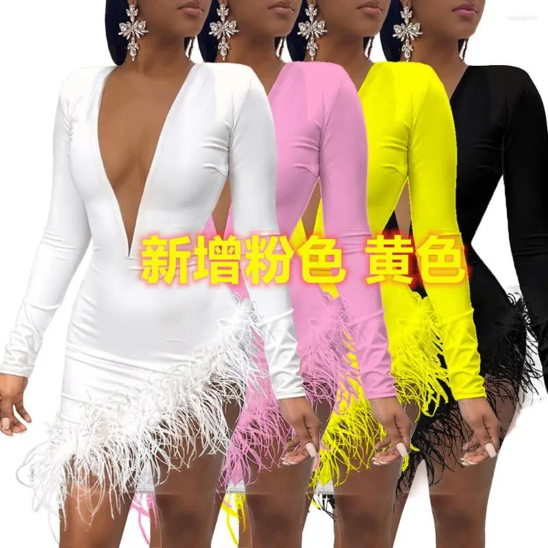 Casual Dresses Party European And American Women's Clothing Feather Mesh Stitching Sexy Dress Evening