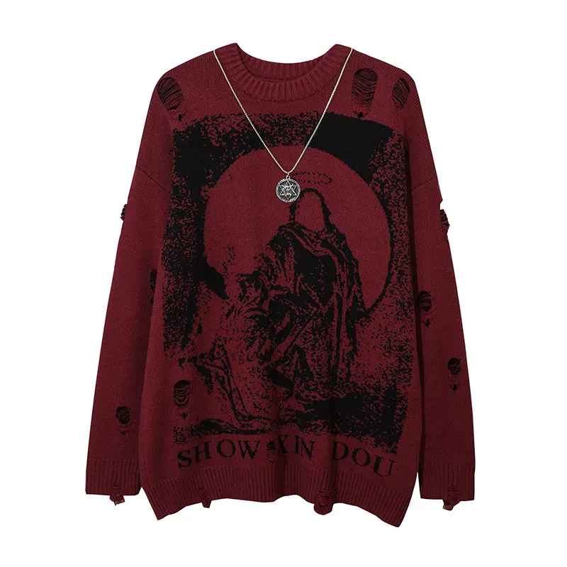 Männer Pullover Harajuku Priest Salvation Gedruckt Strickwaren Unisex Streetwear Hip Hop Zerstört Loch Zerrissene Pullover Pullover Übergroßen Männer 230302