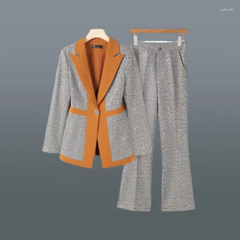 Women's Two Piece Pants Women's Spring And Autumn Fashion Professional Suit Set Korean Elegant Splicing Blazer Coat Micro Flare
