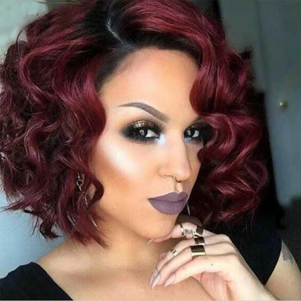 Synthetic Wigs Women s Shoulder Length Small Curly Bob Wine Red 230303