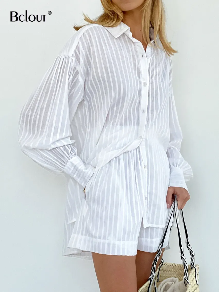 Women s Two Piece Pants Bclout Summer White Stripe Shorts Set 2 Pieces Outfits Fashion Lantern Sleeve Shirts Elegant Cotton Wide Leg Suits 230302