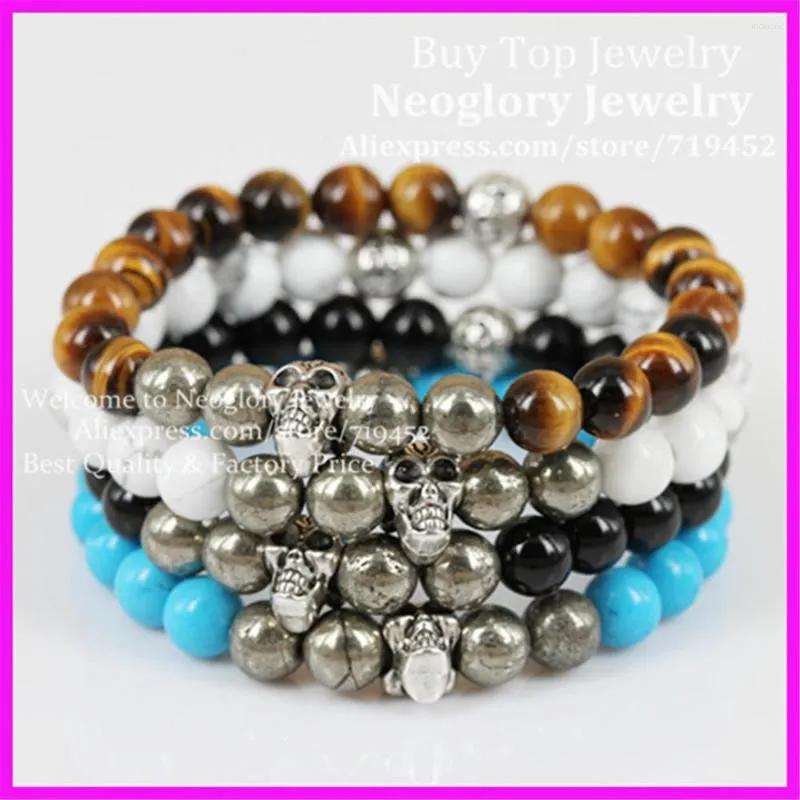 Bangle Wholesale 12pcs Men's Beaded Skull Bracelet & Bangles Howlite Onyx Stone Tiger Eye Round Pyrite