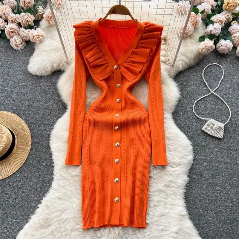 Casual Dresses Sweet Elegant Fashion Lotus Leaf V-neck Dress Autumn Winter Y2k Office Women Wedding Bodycon Knitted Hip Robe