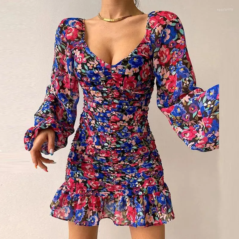 Casual jurken voor dames elegante temperament geplooide print ballon mouw jurk vrouwen 2023 Europe America America Fashion Clothing