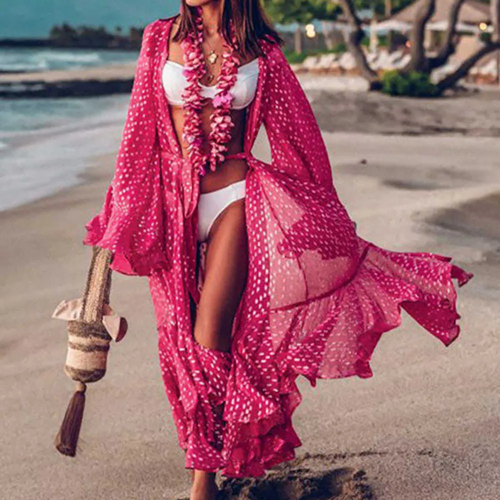 Kvinnors badkläder Löst chiffongpolka-Dot Cardigan Maxi Dress One Piece Set Lace Up Cover-Ups Beach Outfits For Women Ruffle Long Sleeve Baddräkter T230303
