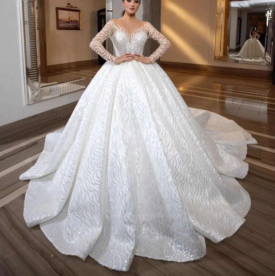 Luxe baljurk trouwjurken lange mouwen v nek pailletten appliques kralen kanten ruches diamanten sprankelende bruidsjurken plus maat op maat gemaakte vestido de novia