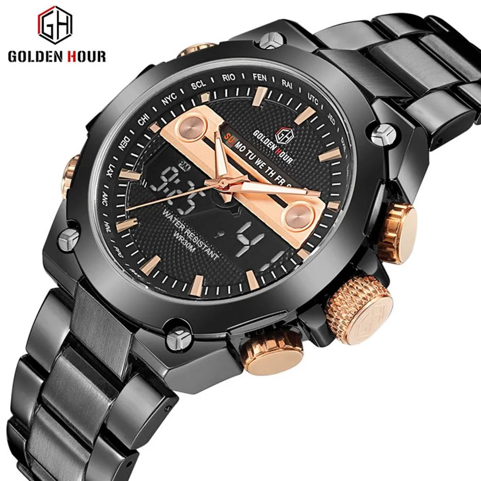 Titta på män märke Goldenhour Fashion Quartz Watches man armbandsur Datum Display full stål manlig klocka vattentät relogio masculino247u