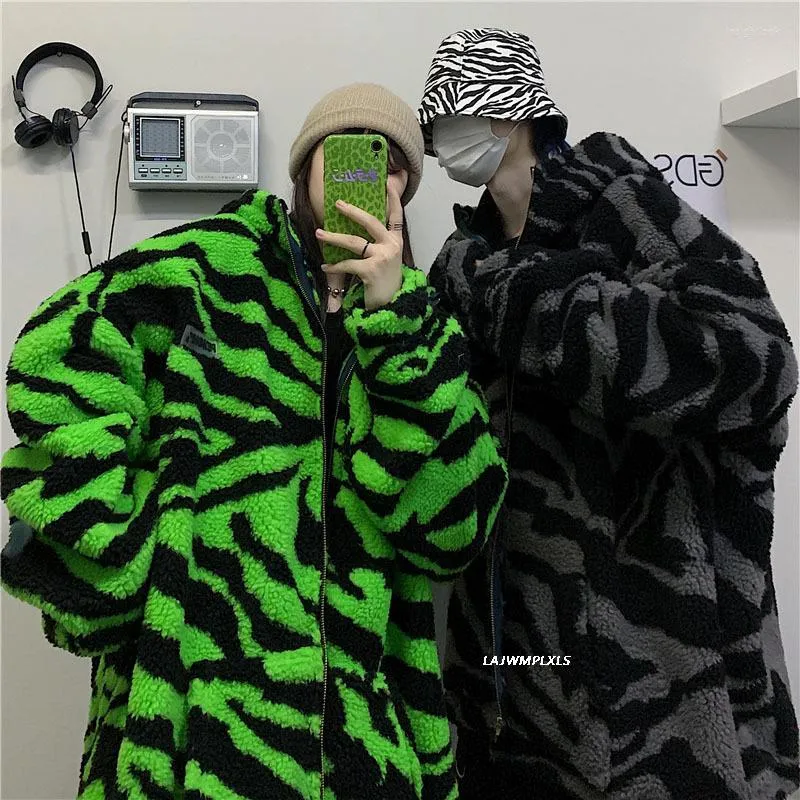 Women's Trench Coats Winter 2023 Streetwear Zebra Pattern Lamb Woolen Thicken Warm Zipper Hooded Padded Women Men Harajuku Loose Outwear