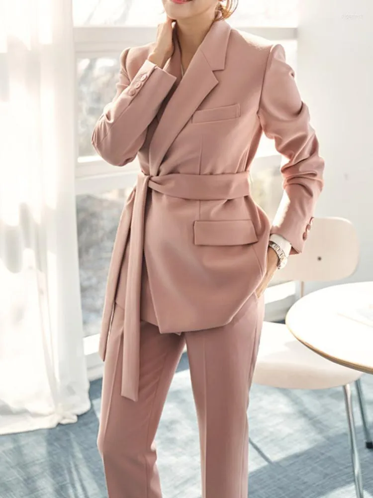 Women's Two Piece Pants Fashion Korean Women Elegant Blazer Pantsuit Casual Lace-up Solid Suit Jackets Straight Pantalon 2 Pieces Female