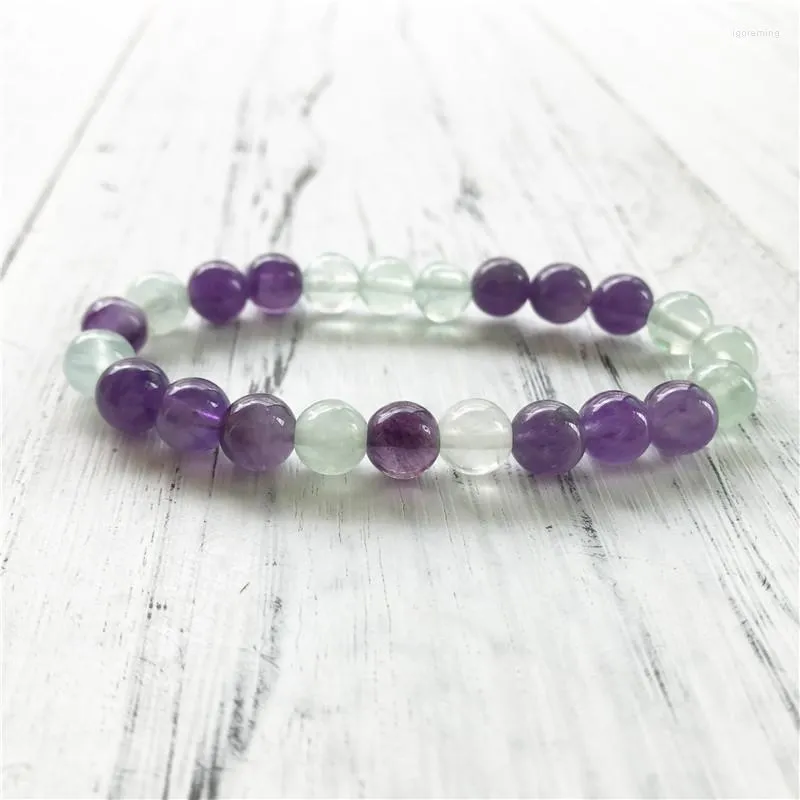 Strand Natural Purple Quartz och Fluorite Armband Vacker färgad sten Yoga Mala Armband Fashion Gift For Men Women