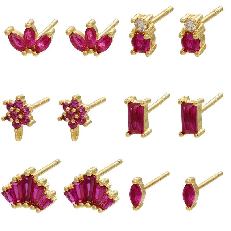 Stud Earrings Mix Shape Small Red Zircon Geometric Earring Trendy Gold Color Crown Flower Ear Cartilage Cuff Jewelry