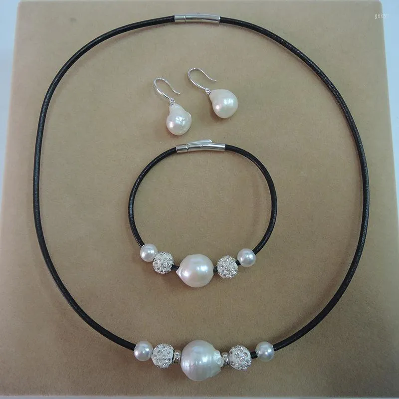 Collana Orecchini Set GIOIELLI DI PERLE D'ACQUA DOLCE BRACCIALE ORECCHINI-orecchino d'ARGENTO 925 barocco bianco e chiusura in CORDA di cuoio