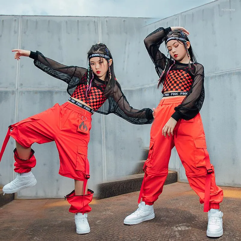Stage Wear Hip Hop Dance Clothes For Girls Red Lattice Vest Net Tops Cargo  Pants Kids Street Hiphop Clothing Jazz Show Outfit From 26,14 €