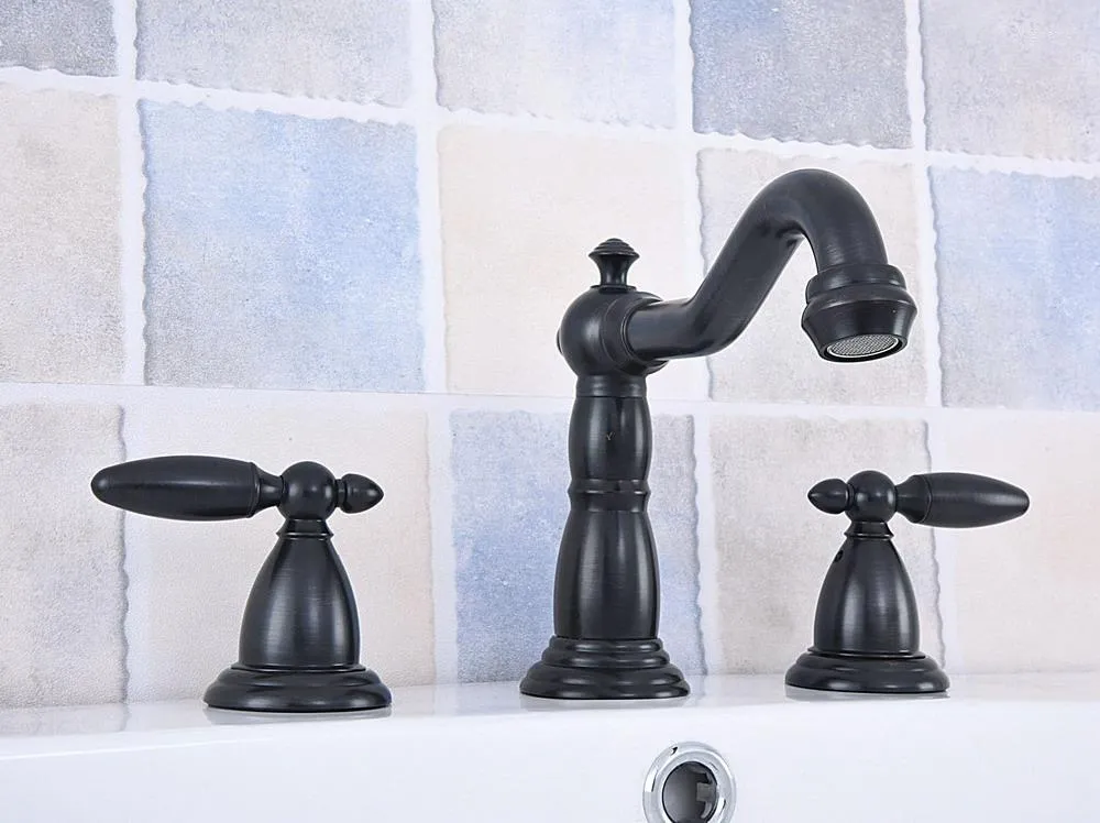 Bathroom Sink Faucets Black Oil Rubbed Brass Deck Mounted Dual Levers Widespread 3 Holes Basin Faucet Mixer Taps Msf533