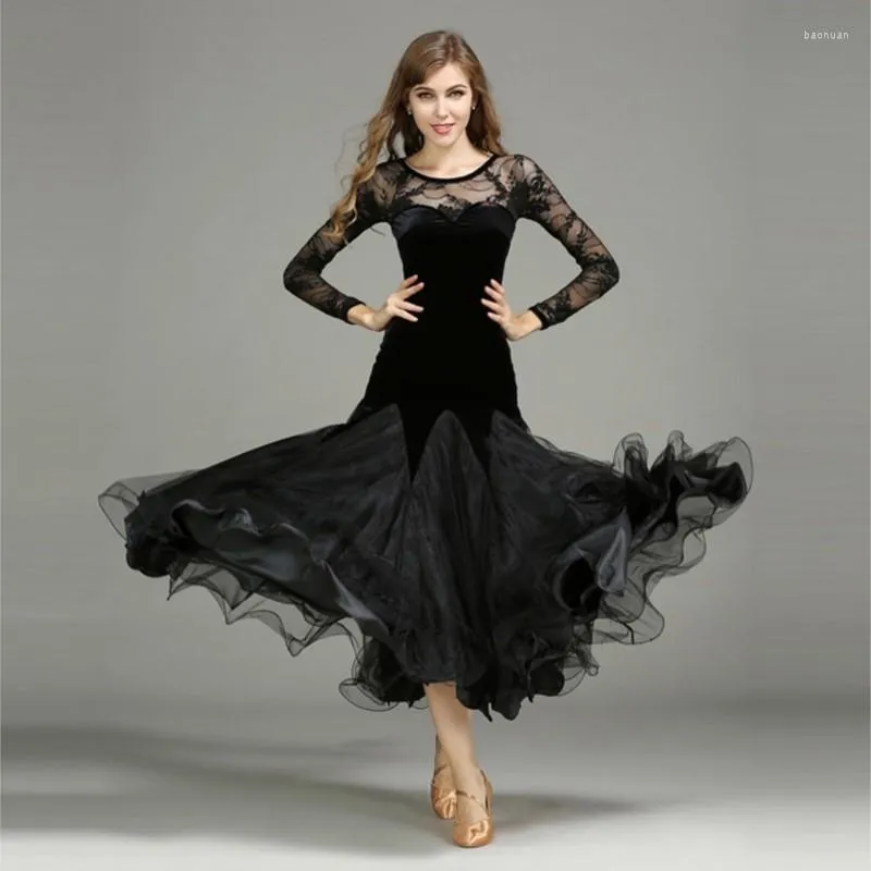 Stage Wear Sexy Elegent Long Sleeve Lace Velvet Dance Black Ballroom Dress