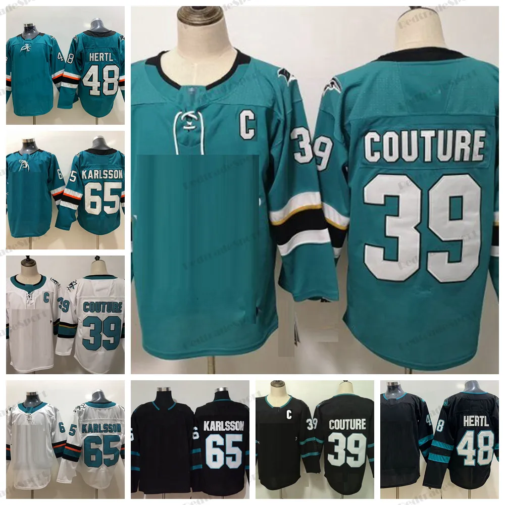 남성 하키 유니폼 48 Tomas Hertl 39 Logan Couture 65 Erik Karlsson 저지 스티치 셔츠 청록색 검은 색 S-XXXL