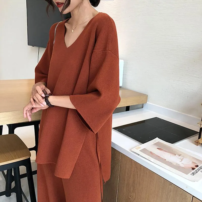 Tweedelige broek voor vrouwen Aseven gebreide pakken vrouwelijke versoepeling van het herfstfonds gesplitst wijd puten Twinset Sweater grote werven