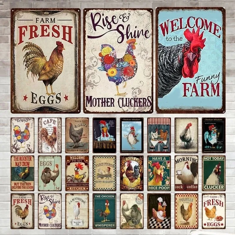 Fresh Eggs Metal Tin Sign Farm Shop French Cafe Milk Home Wall Decor Vintage Poster Tin Plates Happy Chicken Retro Plaque Personalized Metal Sign Size 30X20 w01