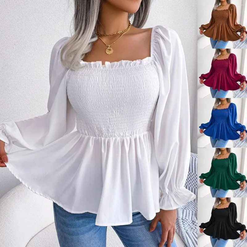 Camicette da donna Gonna decorata con perle Top da donna con perline Collo quadrato casual Manica lunga Chiffon ad albero bianco Camicia con bottoni piccoli Donna