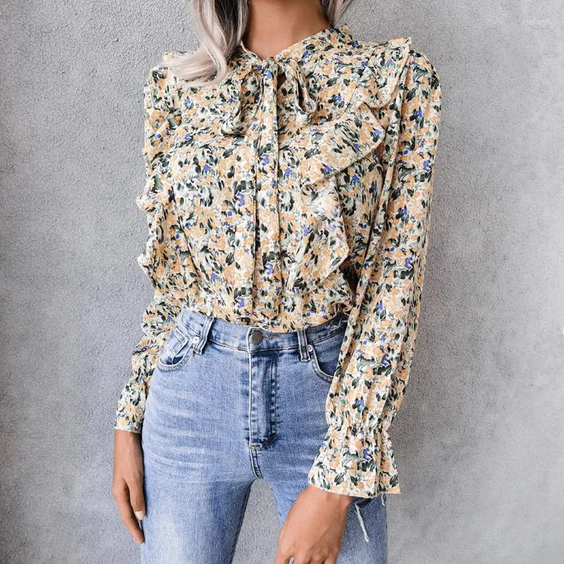 Blusas de mujer, blusas de gasa con estampado floral de manga larga con volantes y encaje de otoño para mujer, moda que combina con todo