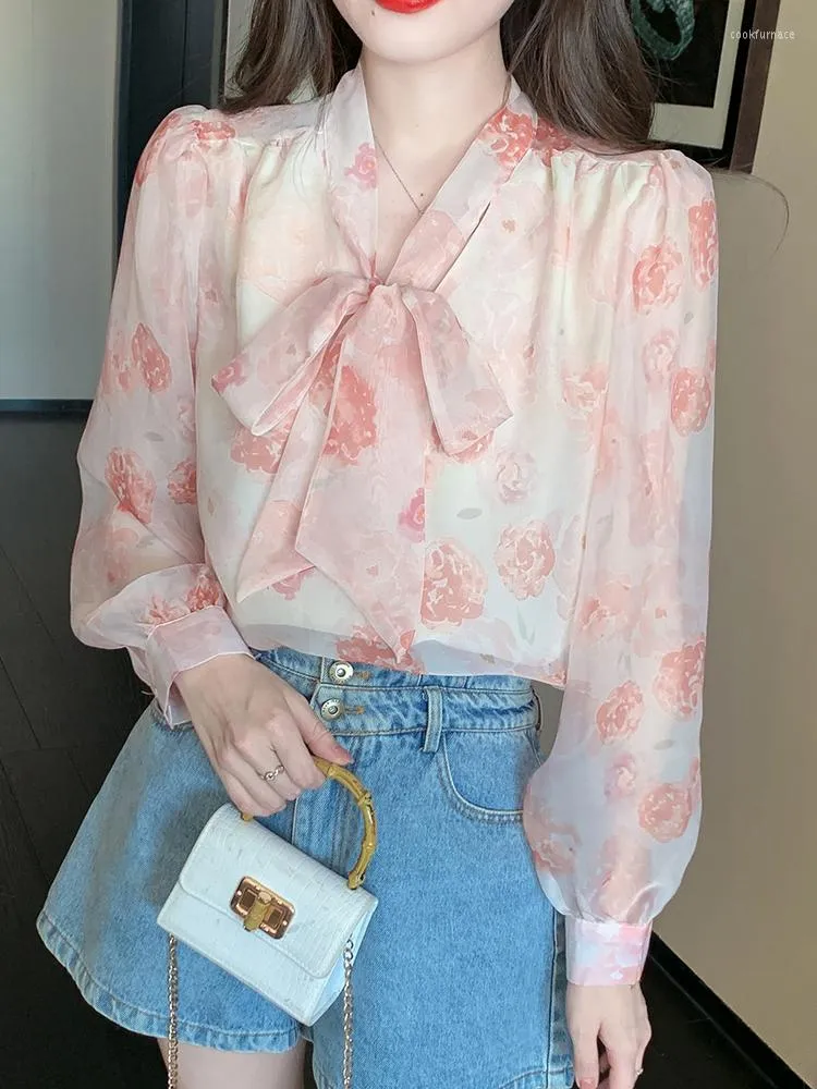 Women's Blouses Qoerlin Floral Chiffon Shirt Women Elegant Long Sleeve Blouse 2023 Spring Koreaans Mode Temperament Bowtie Pink Tops Shirts