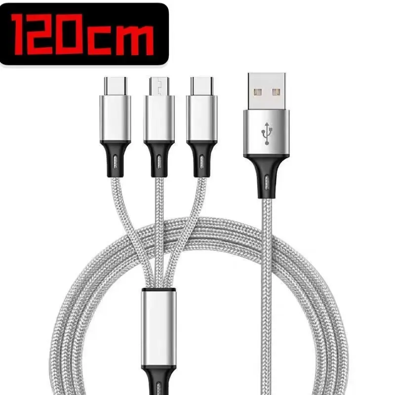 1.2 M 3 in 1 Nylon Braided Charging Cables For HuaWei LG Samsung Note20 S20 Micro USB Type C With Metal Head Plug opp bag