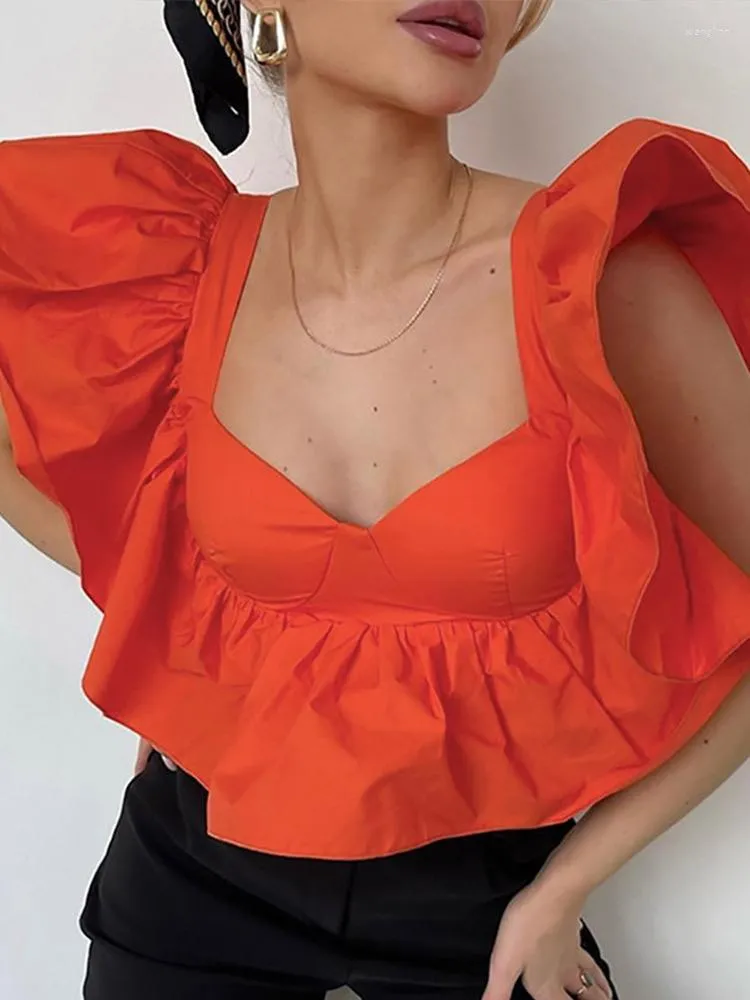 Women's T Shirts Sexy V-neck Elegant Flying Sleeve Women Crop Top Fashion Ruffles Office Ladies Blousers 2023 Summer Solid Party Club Female