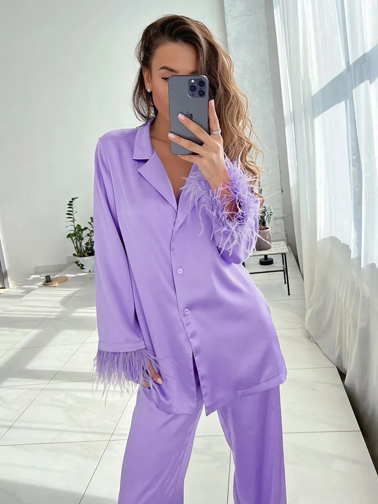 Women's Full-Length Acrylic Satin Pajamas Sleepwear Set with Turn-Down ...