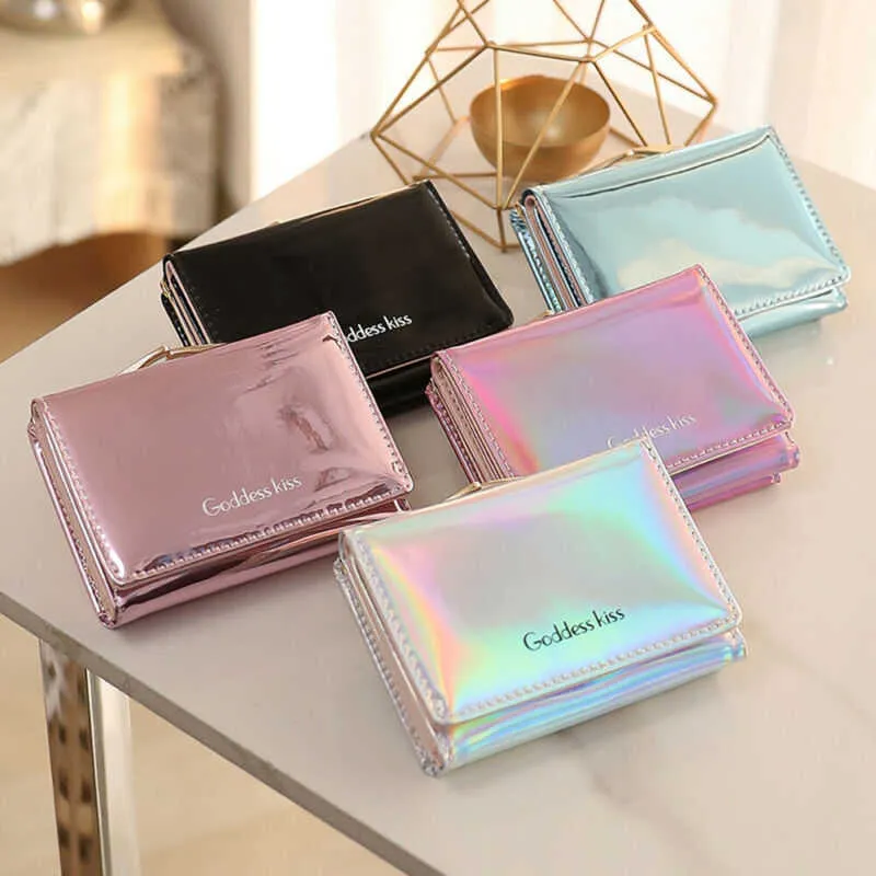 Wallets 2022 Newest Women Short Small Coin Purse Wallet Ladies Leather Folding Card Holder Laser Colorful Coin PursesL230303