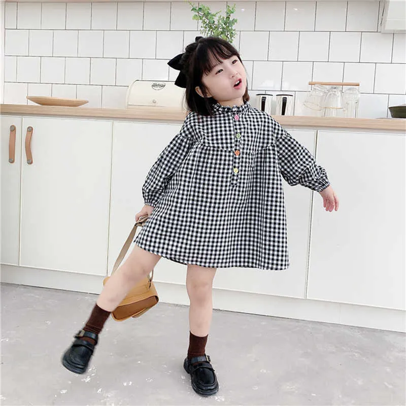 Girl's Dresses Spring And Autumn New Kids Dress For Girls Fashion Black And White Plaid Loose Long Sleeve Dress Children Clothing R230222