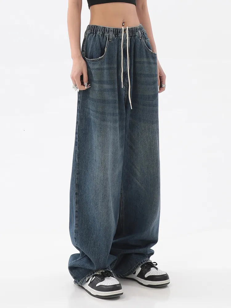 Women's Jeans Women American Vintage Baggy Jeans Elastic Waist Oversized Long Trouser Denim Pant Wide Leg Streetwear Straight Basic Daily 230303