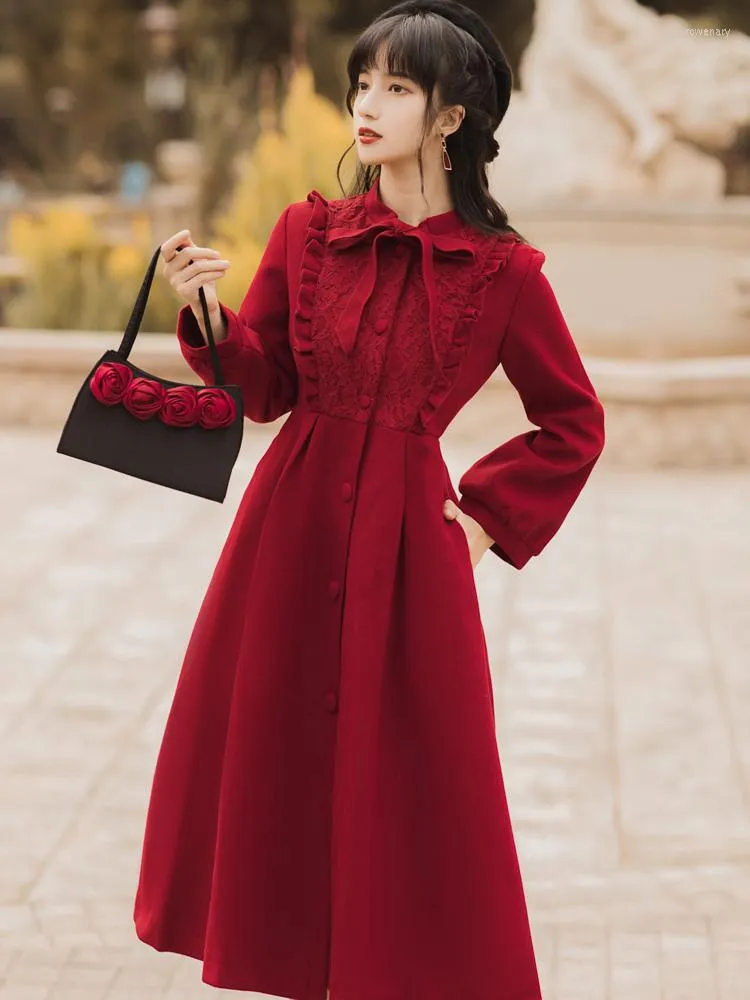 Casual Dresses Autumn Dress Bowknot Ribbon Long Sleeve Red Retro For Women Chic Double Breasted Jacket Vestido Midi Ropa Mujer