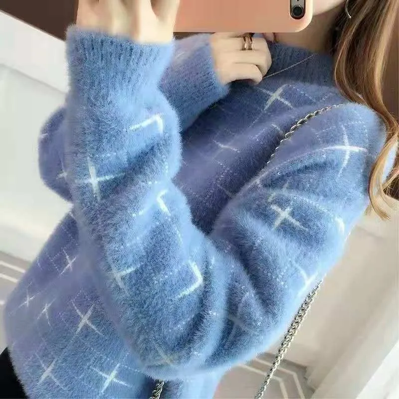 Kvinnors tröjor Autumn Winter Women Wool Cashmer Sticked Pullover Warm Thick O Neck Faux Mink Fur Loose Korean Style tröja W513 230303