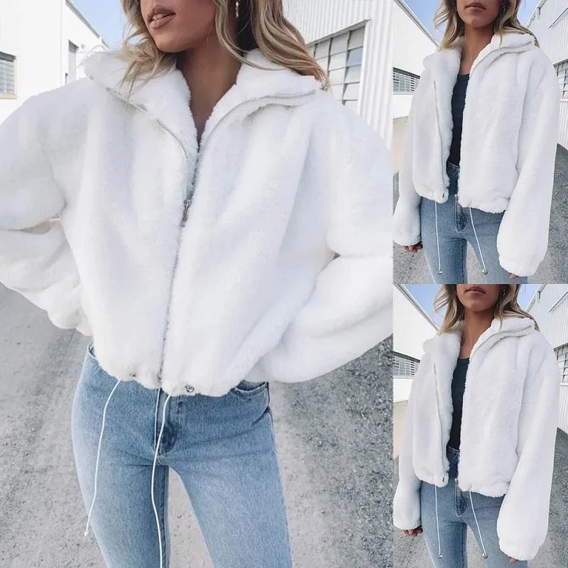 Kvinnans jackor 2023 Autumn and Winter Fashion Women Solid Color High-End Imitation Fur White Coat Female Jacket W862