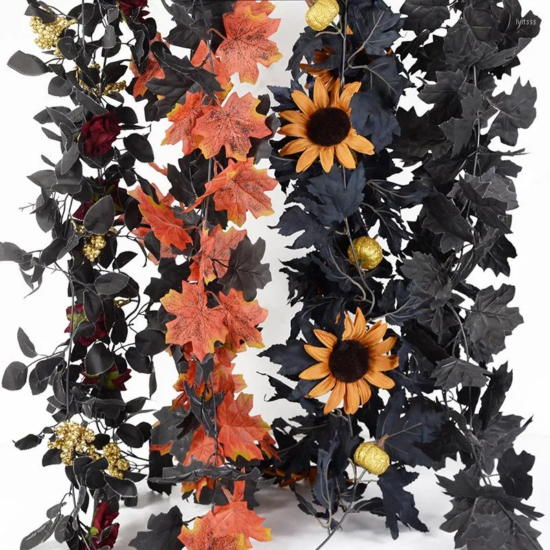 Dekorativa blommor 175 cm Simulering Halloween Maple Vine Rose Berry Sunflower Pumpkin Ivy Artificial Family Harvest Hanging Decoration