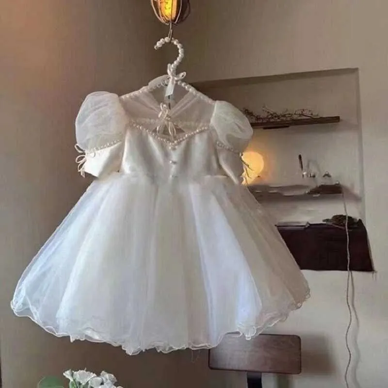 Abiti da ragazza 0-12 anni Vestito da festa di compleanno per ragazze Vestito da ragazza con maniche a sbuffo in maglia di perle Abito da principessa per bambina in raso per bambina