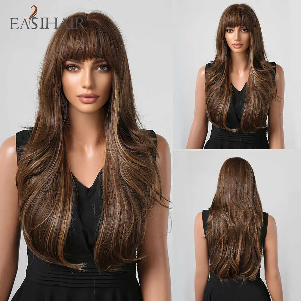 Synthetic Wigs Easihair Long Brown Synthetic Wigs Blonde Highlights Natural Wavy Hairs for Women with Bangs Daily Cosplay Heat Resistant 230227